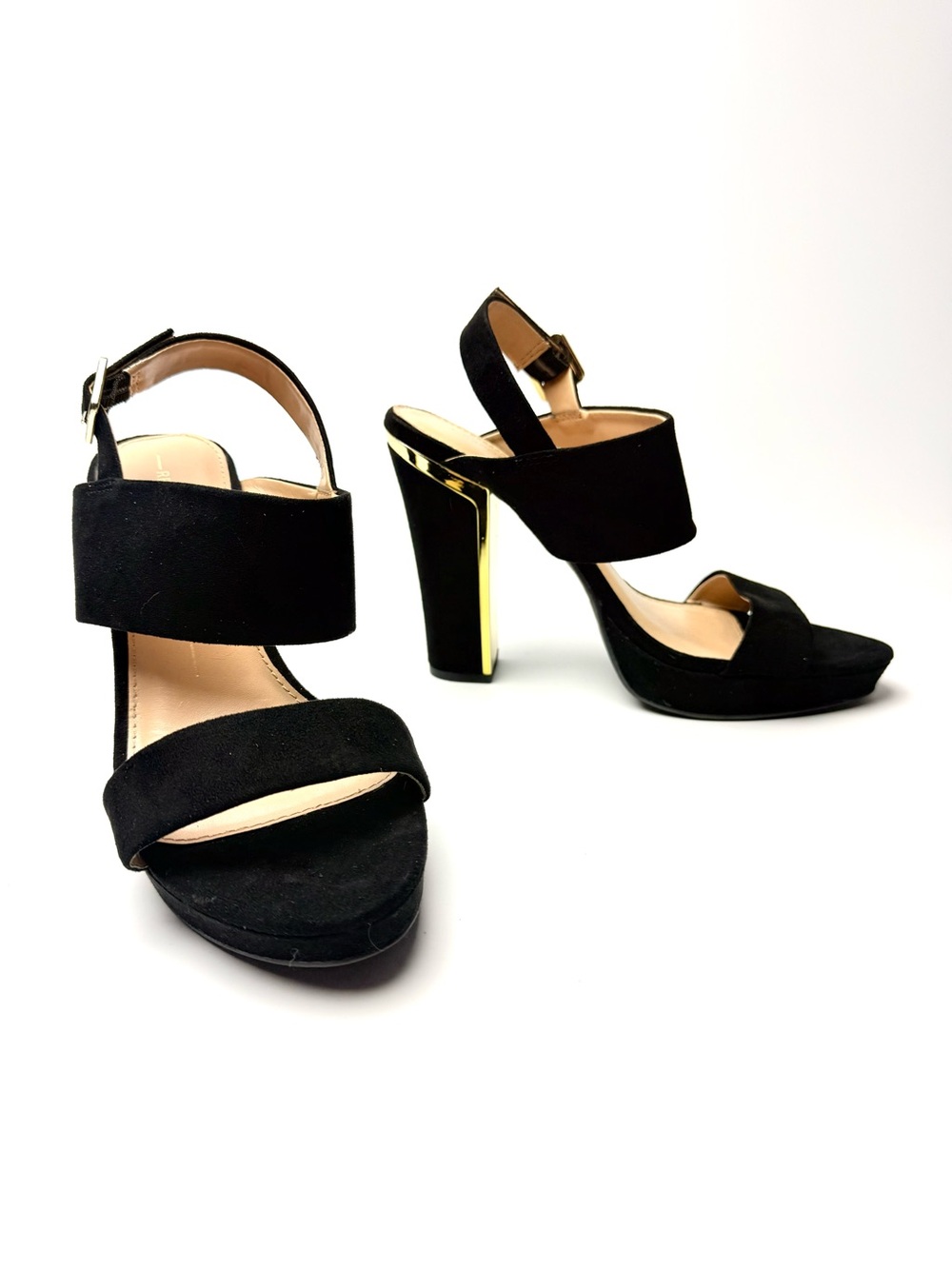 Report Women’s Size 7.5 Black Platform Block Heel Sandals Gold Accent